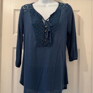 Blue 3/4 Sleeve Tie Front Blouse